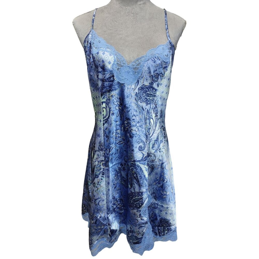 Y2K Slip Dress Blue Paisley Floral Satin Lace Spaghetti Strap Nightgown Medium